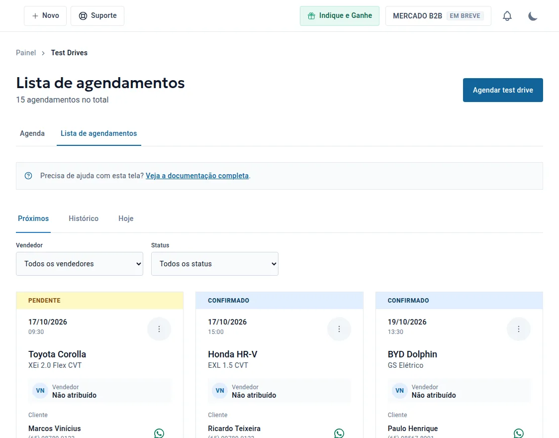 Lista de agendamentos com abas próximos, histórico e hoje e filtros por vendedor e status