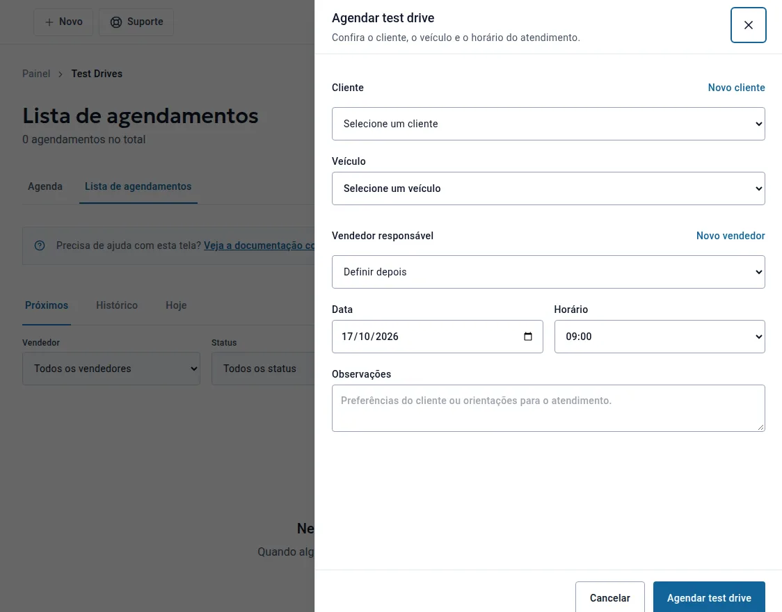 Formulário agendar test drive com cliente, veículo, vendedor responsável, data, horário e observações