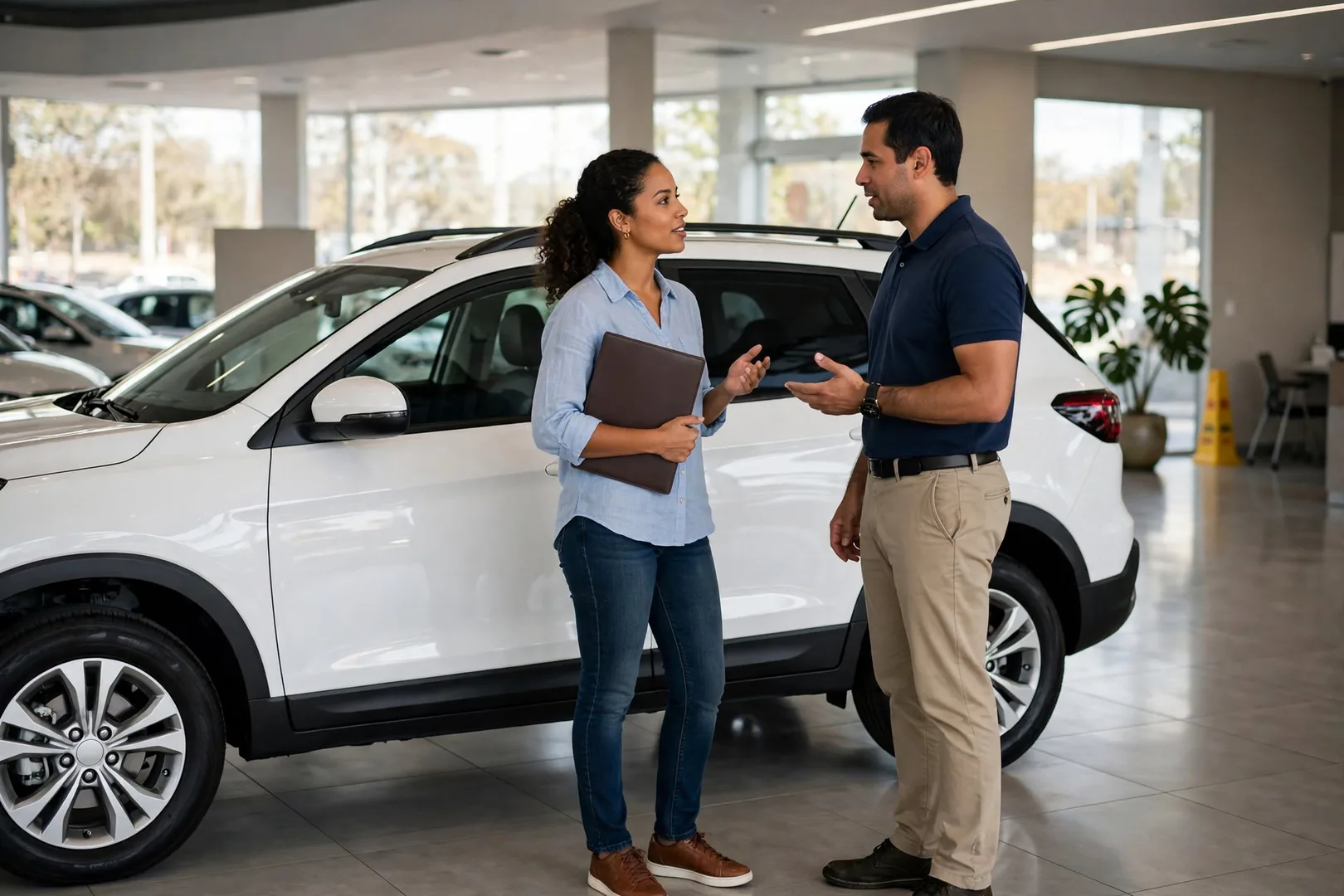 Compradora conversando com vendedor ao lado de SUV seminovo dentro da loja