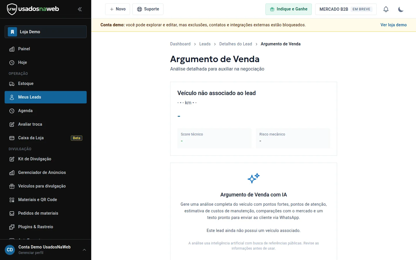 Argumento de venda com pontos fortes, score e texto para WhatsApp