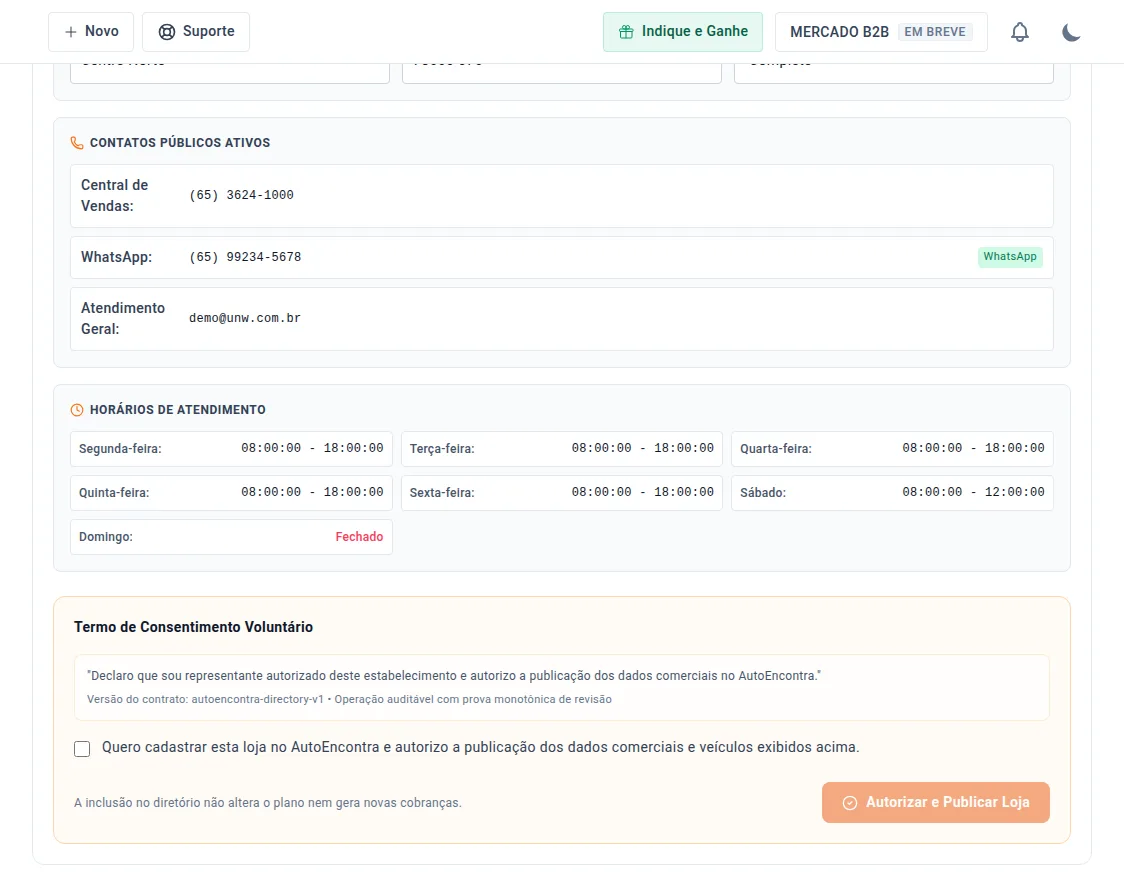 Contatos públicos ativos, horários de atendimento e termo de consentimento na tela AutoEncontra