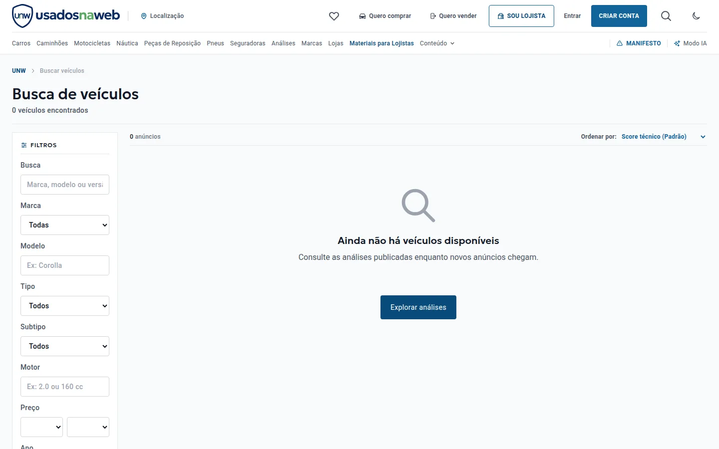 Página de busca de veículos com painel de filtros e grade de anúncios