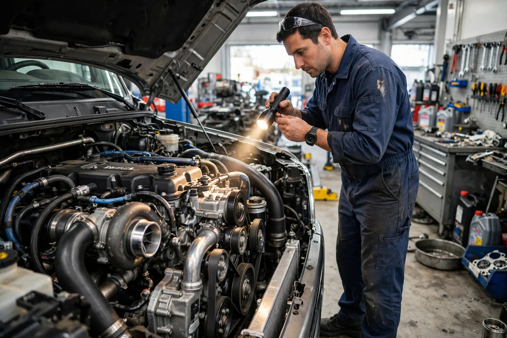 Mecânico avaliando o motor diesel aberto de caminhão seminovo em oficina bem iluminada