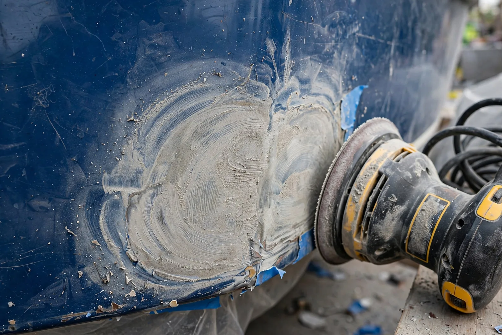 Laminador reparando área do casco de fibra de uma lancha em estaleiro