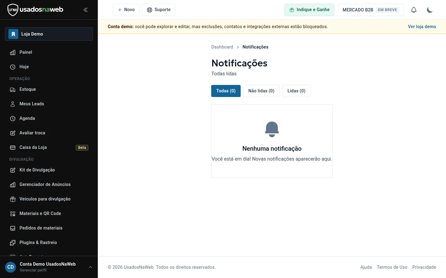 Central de notificações da loja com avisos recentes e ações de leitura