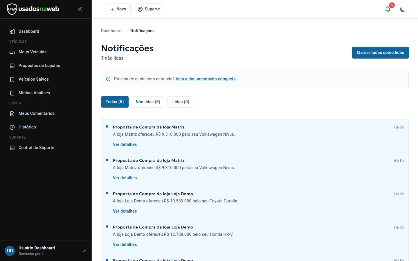 Central de notificações do usuário com avisos e ações de leitura