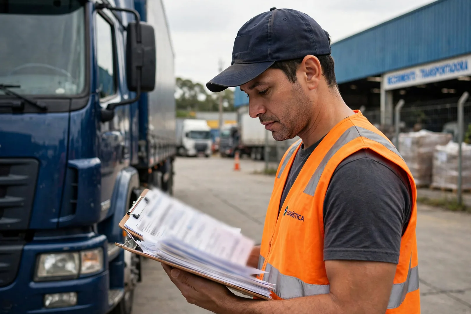 Motorista conferindo a CNH e os documentos ao lado de caminhão truck em pátio de transportadora