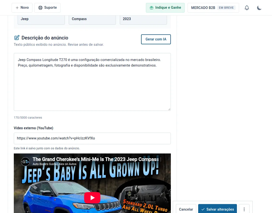 Descrição do anúncio e vídeo externo na edição de um Jeep Compass no painel da loja