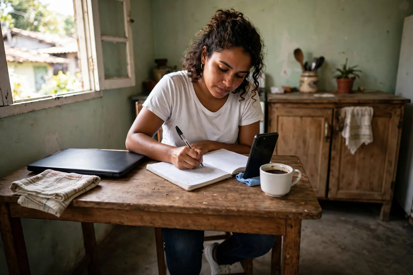 Mulher anotando em caderno na mesa da cozinha antes de visitar a loja