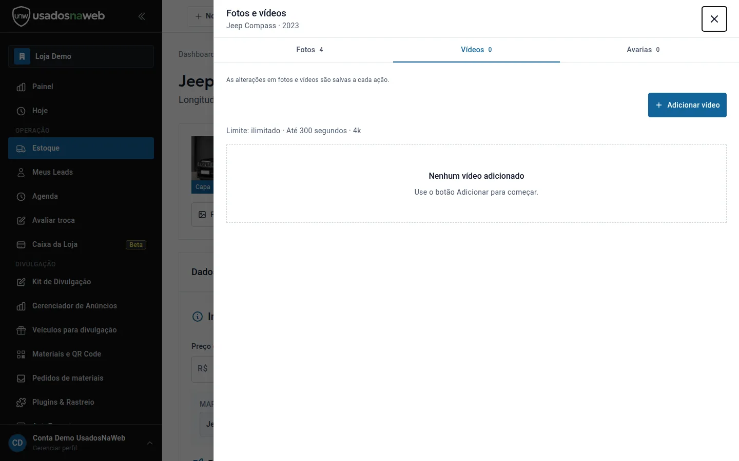 Janela Fotos e vídeos na aba Vídeos, com o limite do plano e o botão Adicionar vídeo