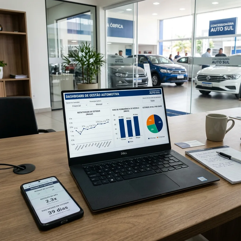 Dashboard de gestão financeira de giro de estoque em concessionária