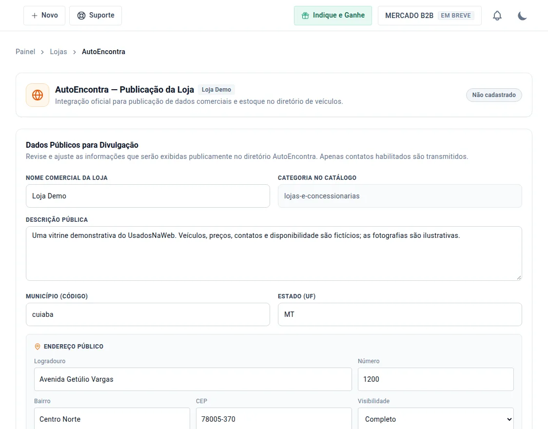Detalhe da integração com opções de sincronização de veículos