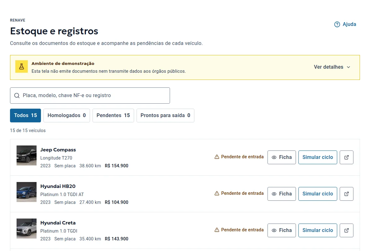 Detalhe de registro no RENAVE com dados do veículo e da operação