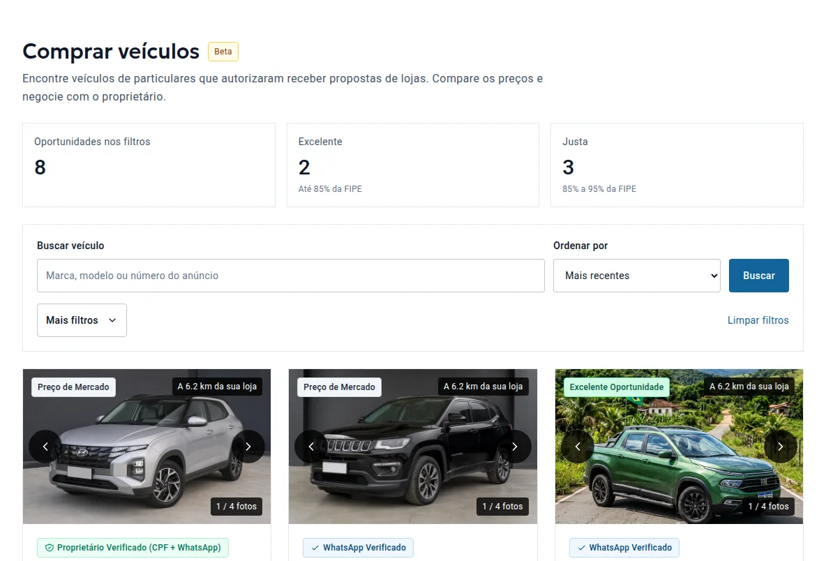 Detalhe de veículo da fila com envio de proposta pela loja
