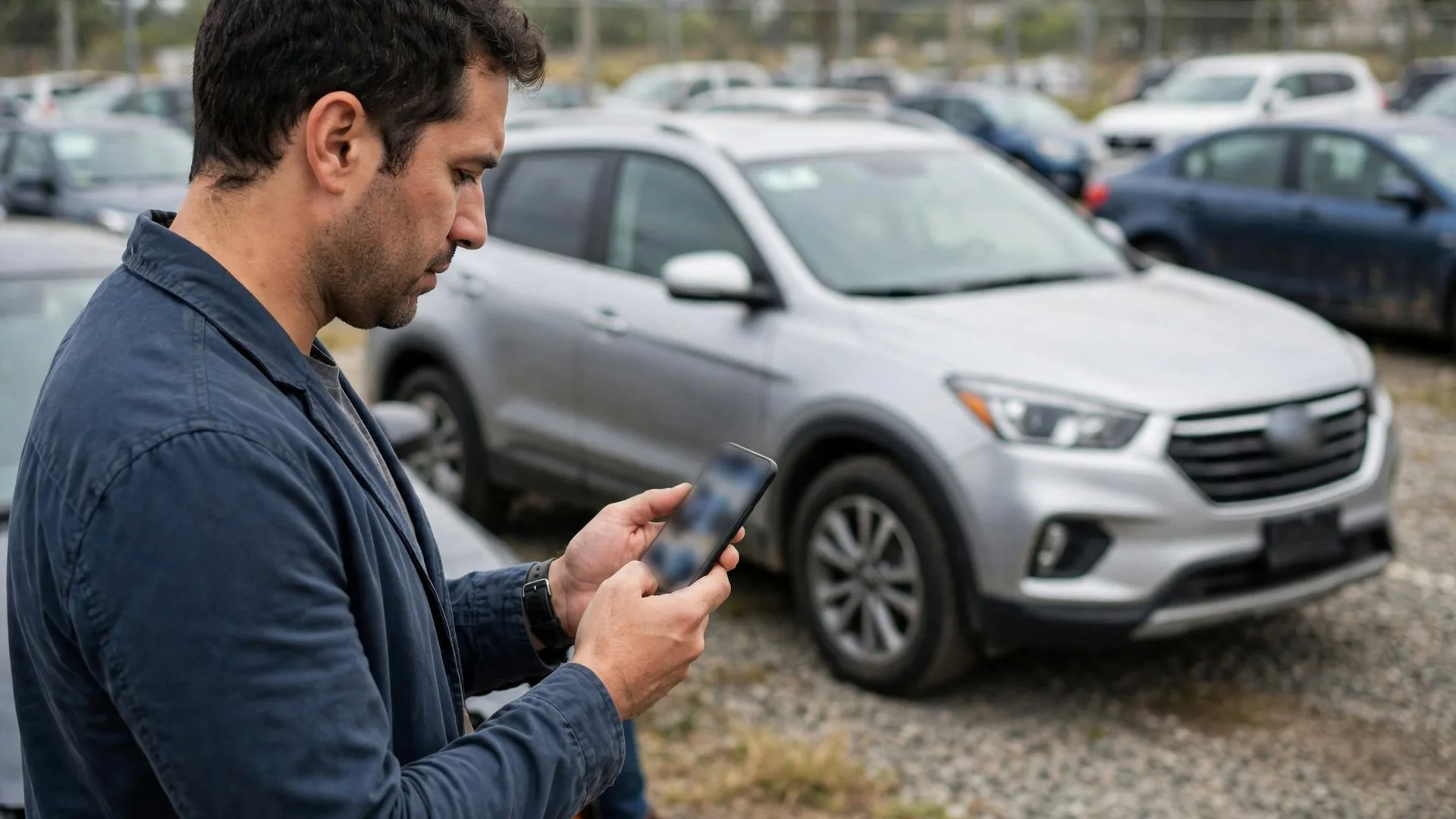 Comprador comparando preço no celular ao lado de SUV em pátio de usados antes de fazer a proposta