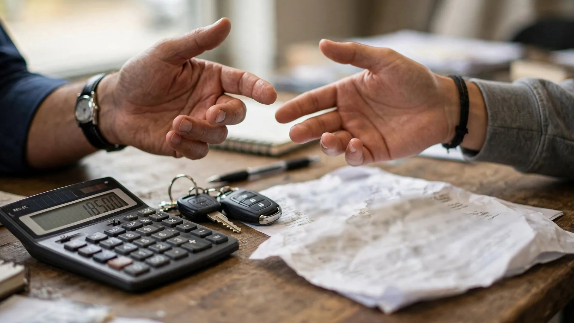 Mesa de negociação com calculadora, chave e mãos conversando durante o fechamento do acordo