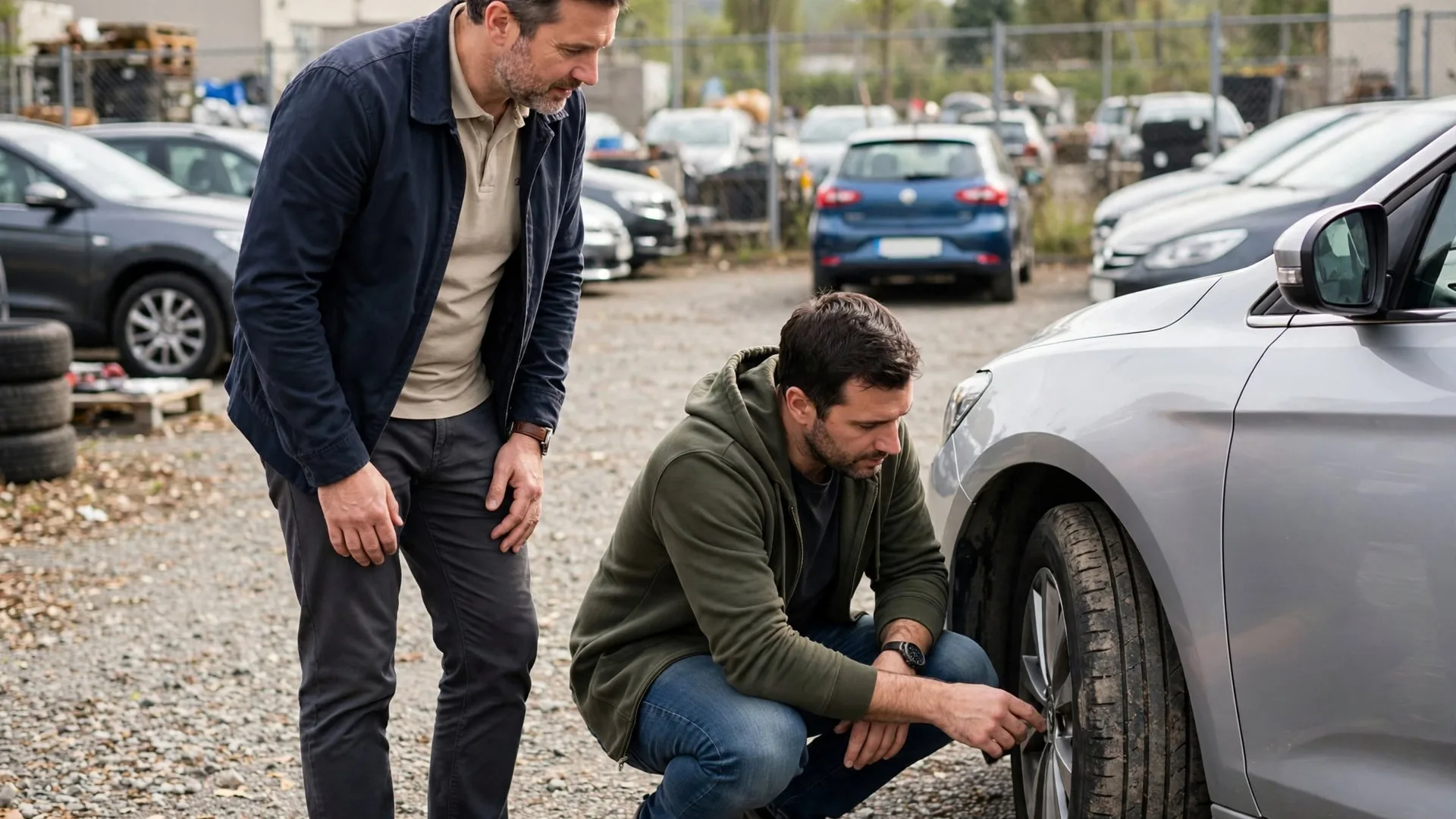 Comprador agachado conferindo pneu com vendedor ao lado antes de sair para o test drive