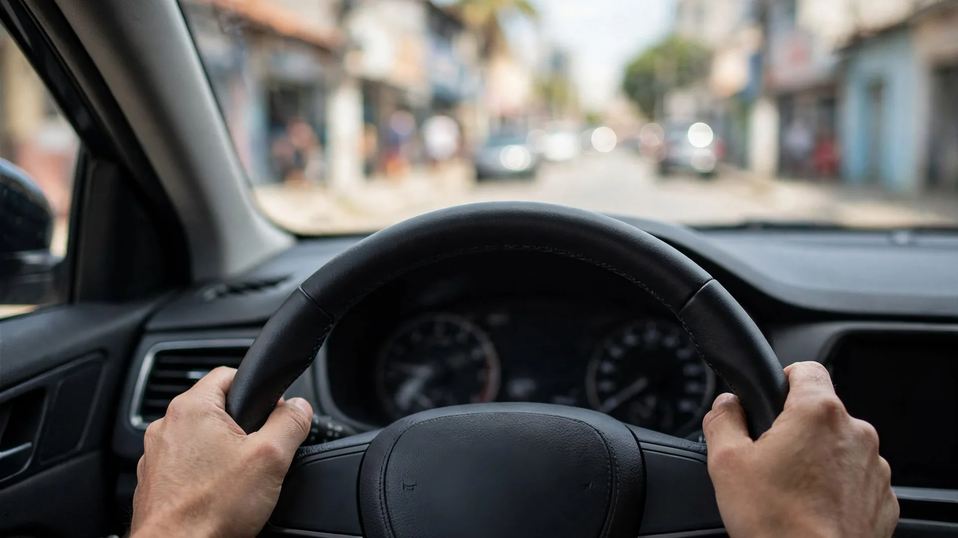 Mãos no volante e painel durante test drive em rua para avaliar respostas do carro
