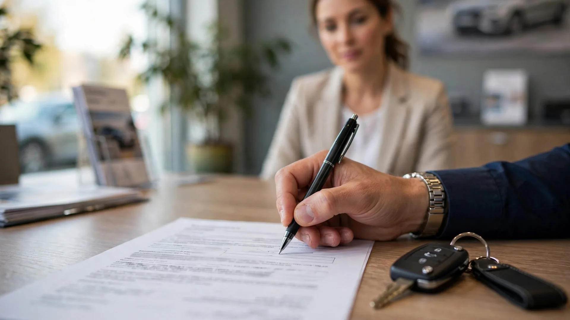 Mão assina o contrato com a chave do carro ao lado em mesa de revenda