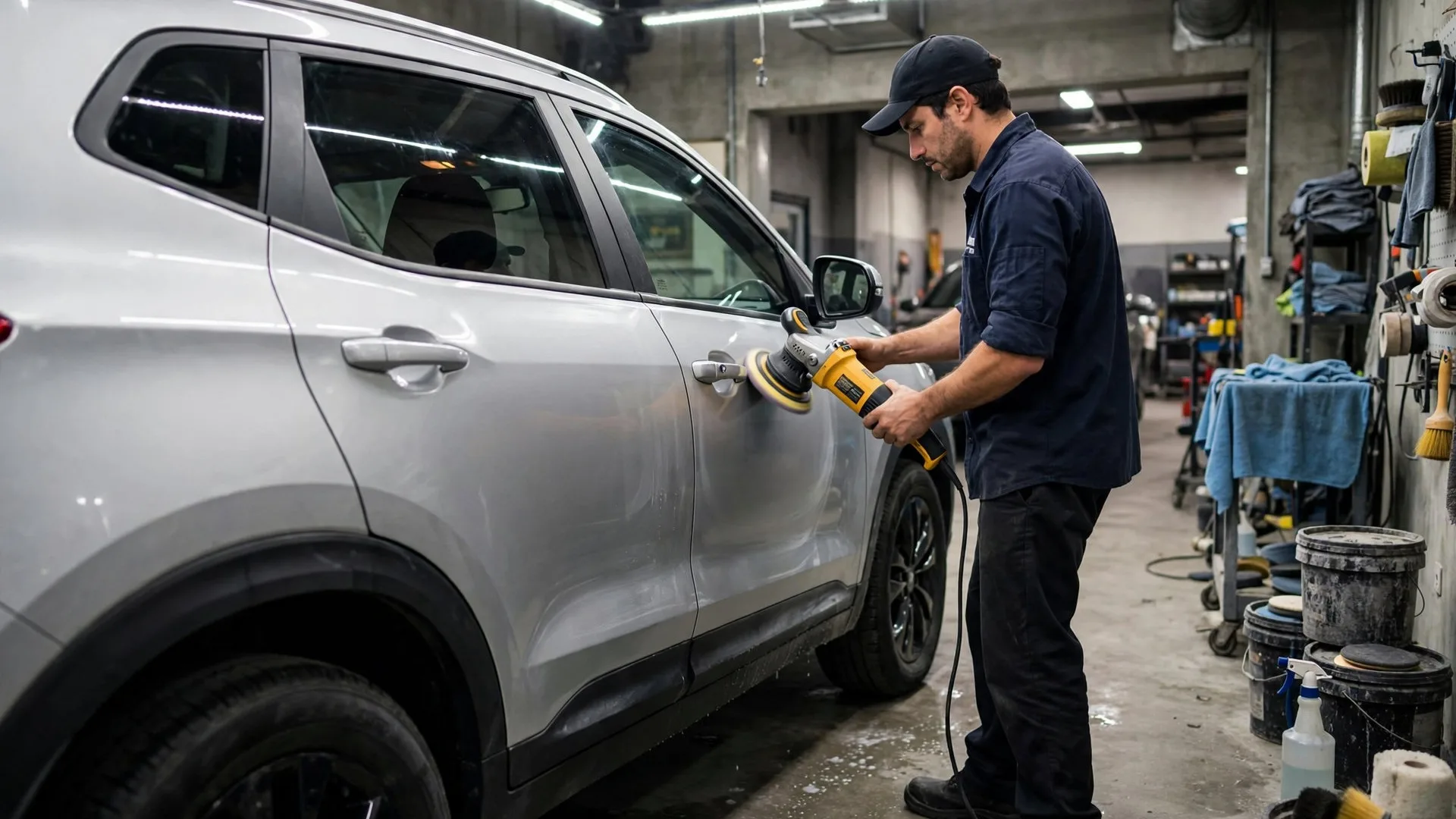 Profissional polindo a lateral de um SUV em oficina de estética automotiva