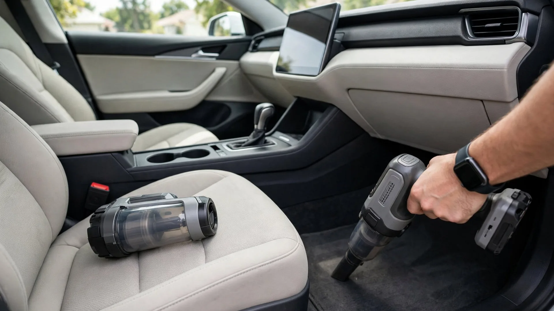 Interior limpo de carro sendo aspirado com aspirador portátil antes do anúncio