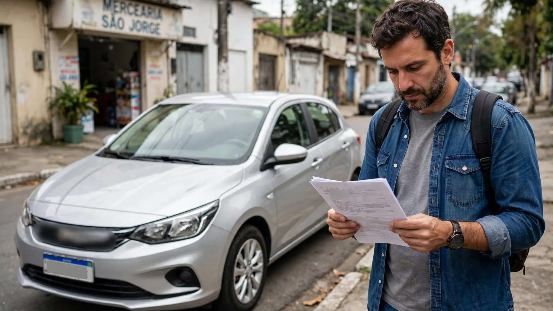 Comprador conferindo o documento ao lado de um seminovo bem conservado antes de fechar a compra