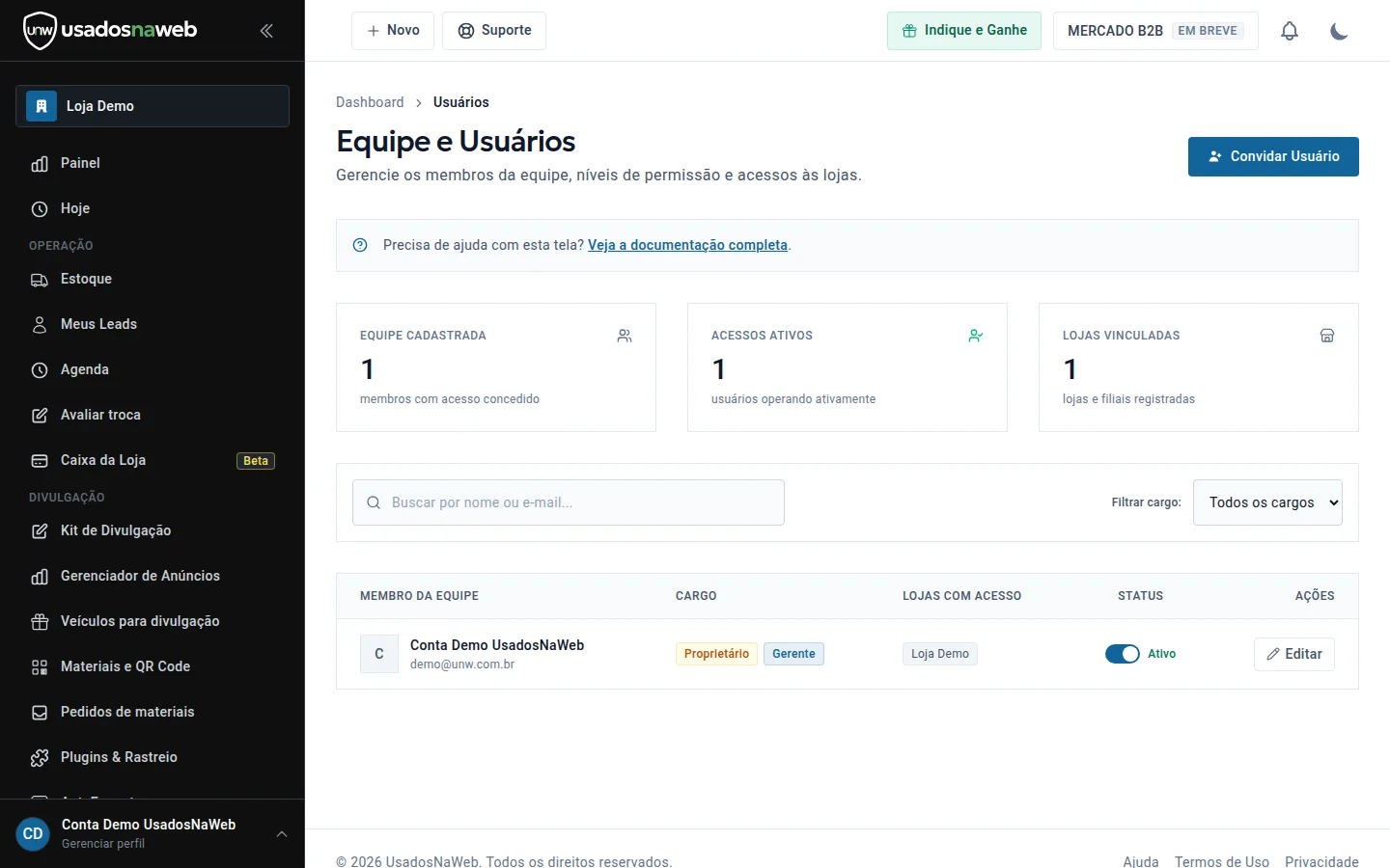 Equipe e usuários: como convidar vendedores e controlar permissões