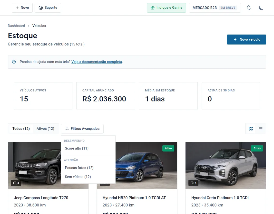 Tela Estoque com veículos ativos, capital anunciado, média em estoque e filtros avançados abertos