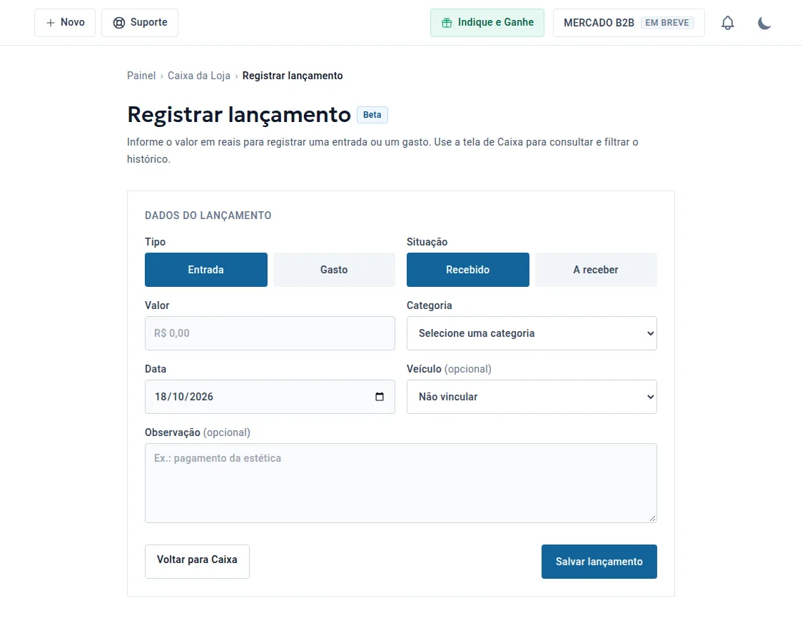 Formulário de lançamento de movimentação no caixa
