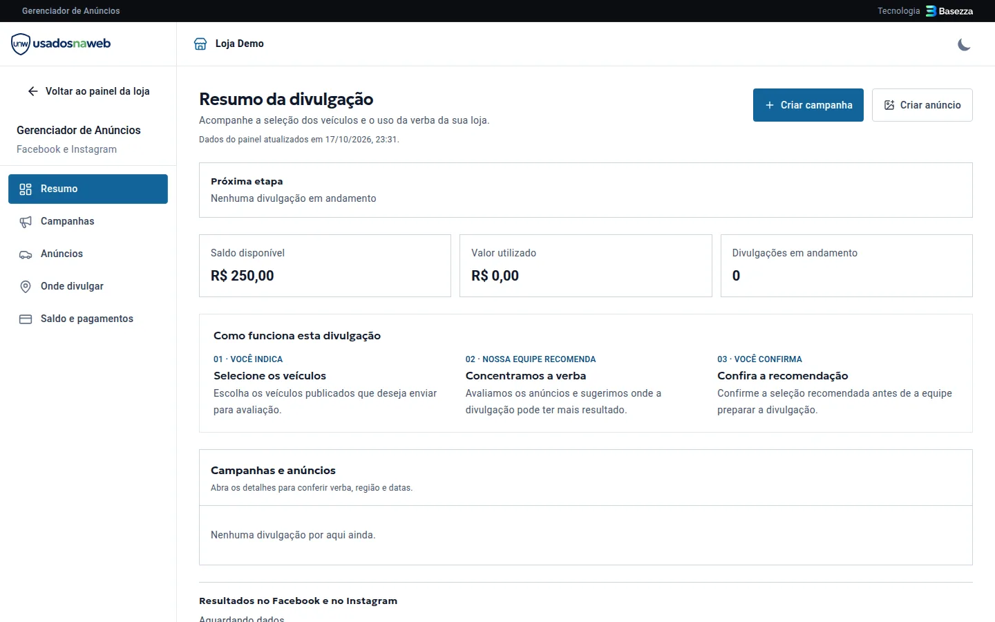 Gerenciador de Anúncios com saldo disponível e campanhas da loja