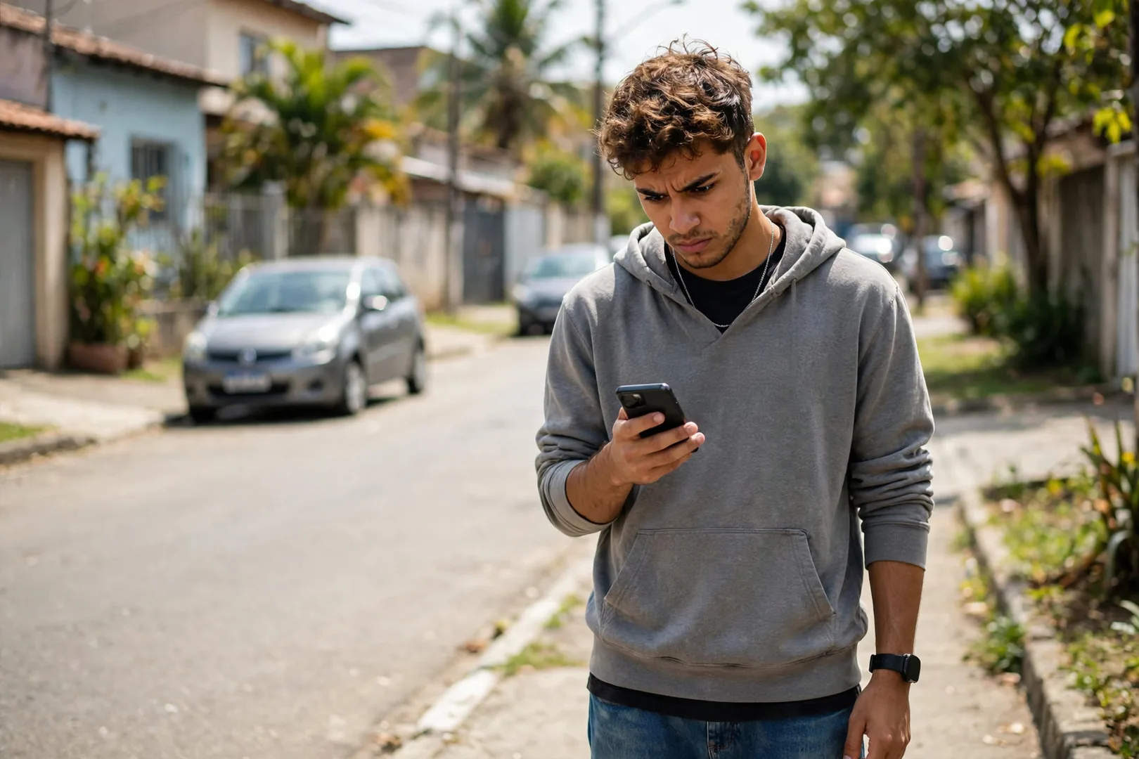 Jovem olhando desconfiado para o celular na rua, com carro desfocado ao fundo