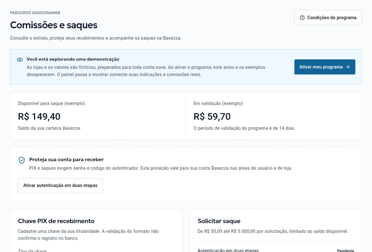 Tela de comissões e saques com saldo disponível, valor em validação e proteção da conta