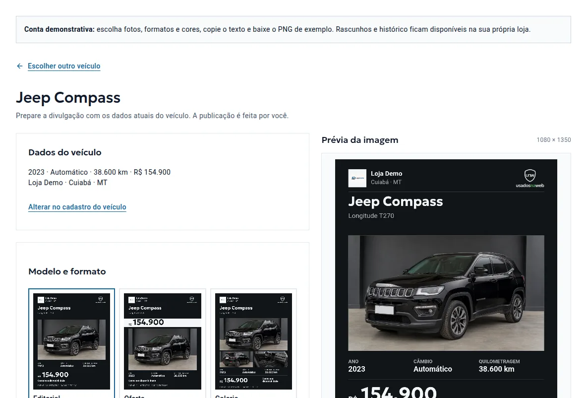 Editor do Kit de Divulgação com dados do Jeep Compass, modelos de arte e prévia da imagem em 1080 por 1350
