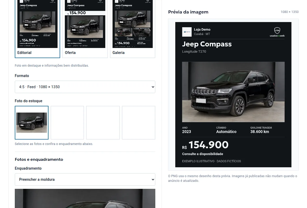 Detalhe do editor com modelos Editorial, Oferta e Galeria, formato de feed, foto do estoque, enquadramento e prévia com preço