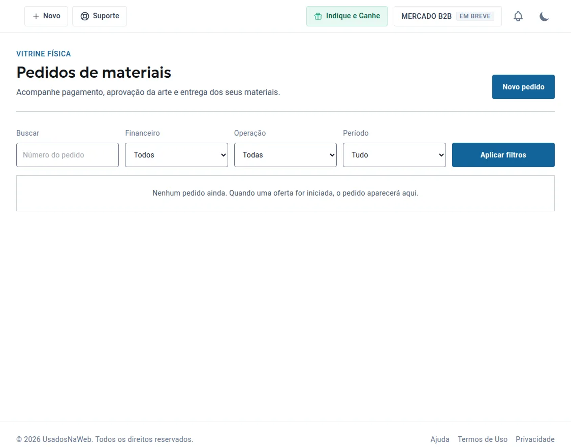 Tela Pedidos de materiais com acompanhamento de pagamento, aprovação da arte e entrega