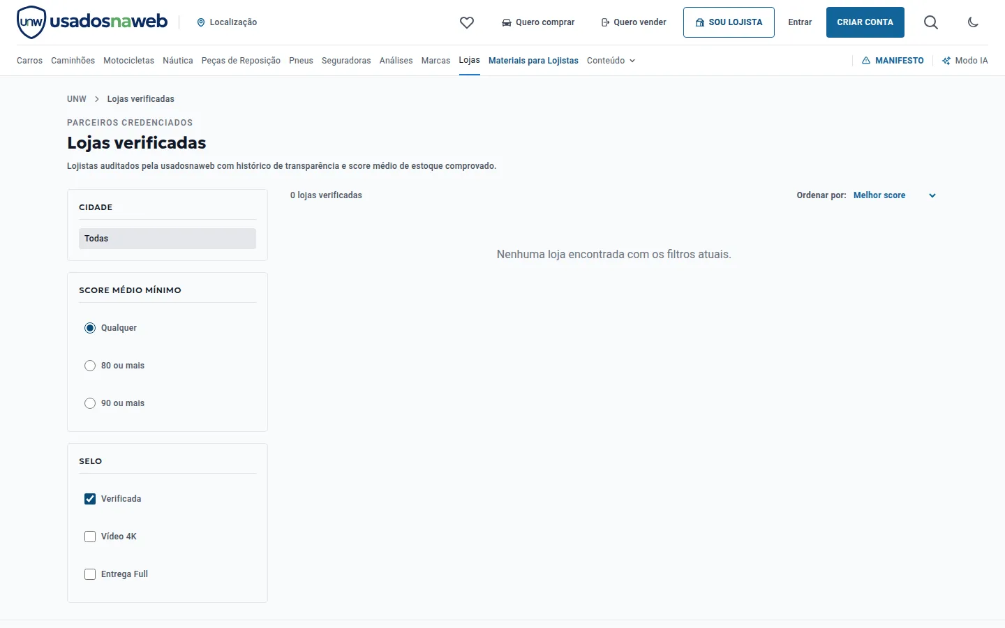 Lista de lojas verificadas com filtros de cidade, score médio e selos