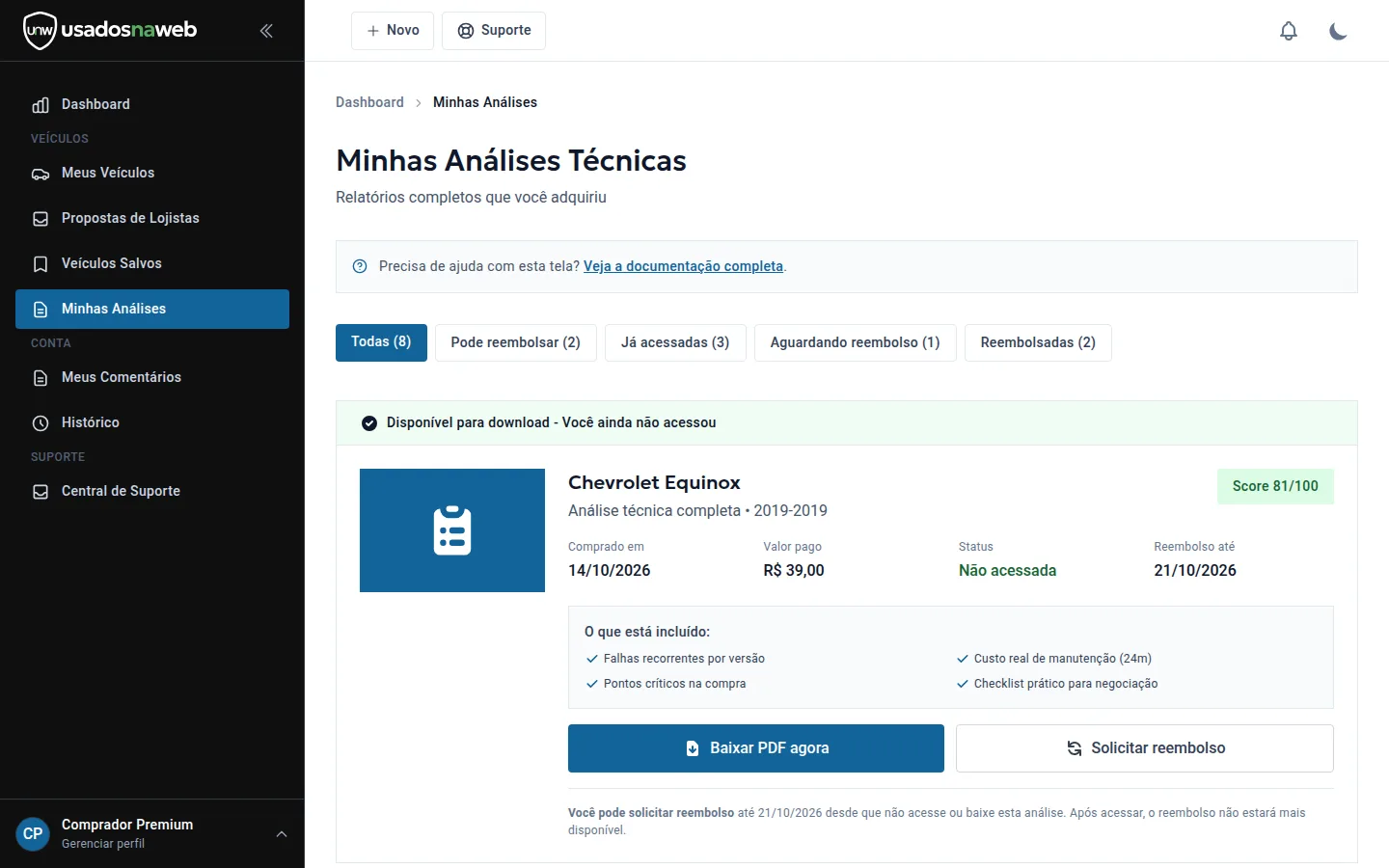 Lista Minhas Análises Técnicas com compras, status e botões de download