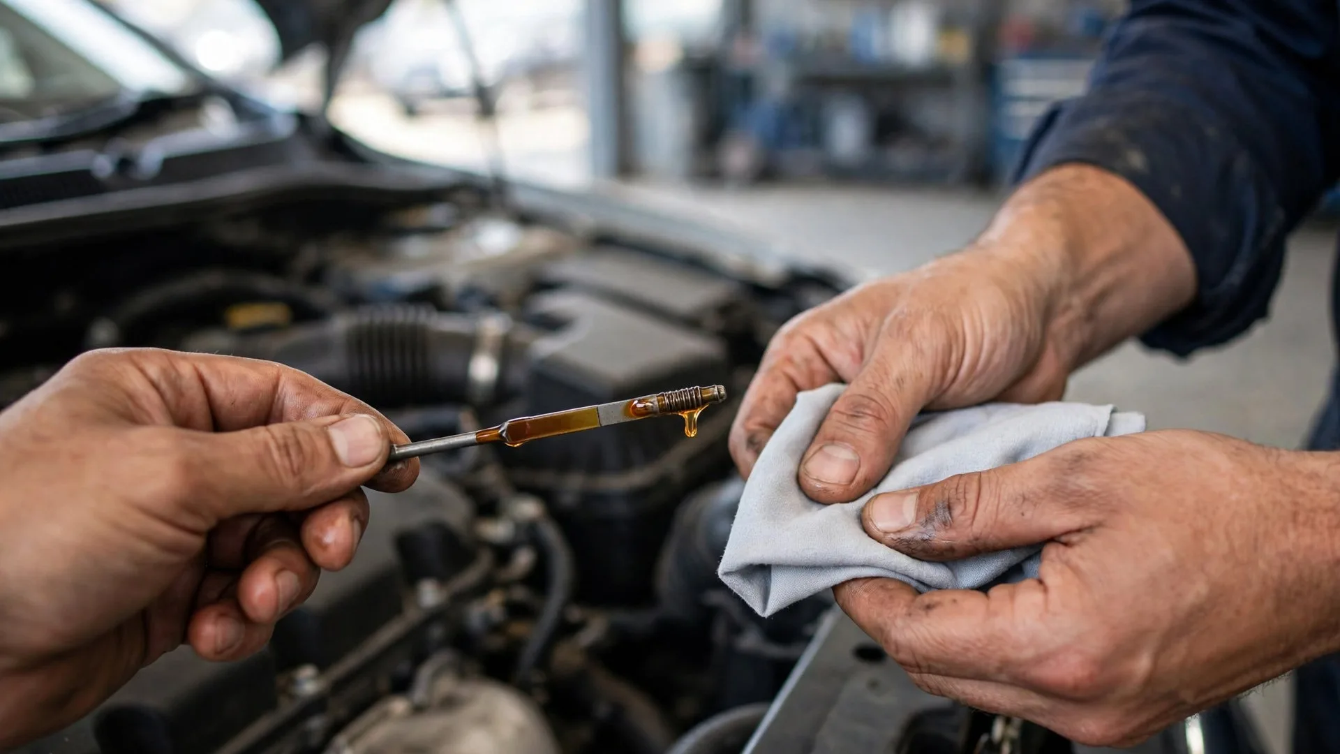 Conferência do nível e viscosidade do óleo na vareta medidora do motor