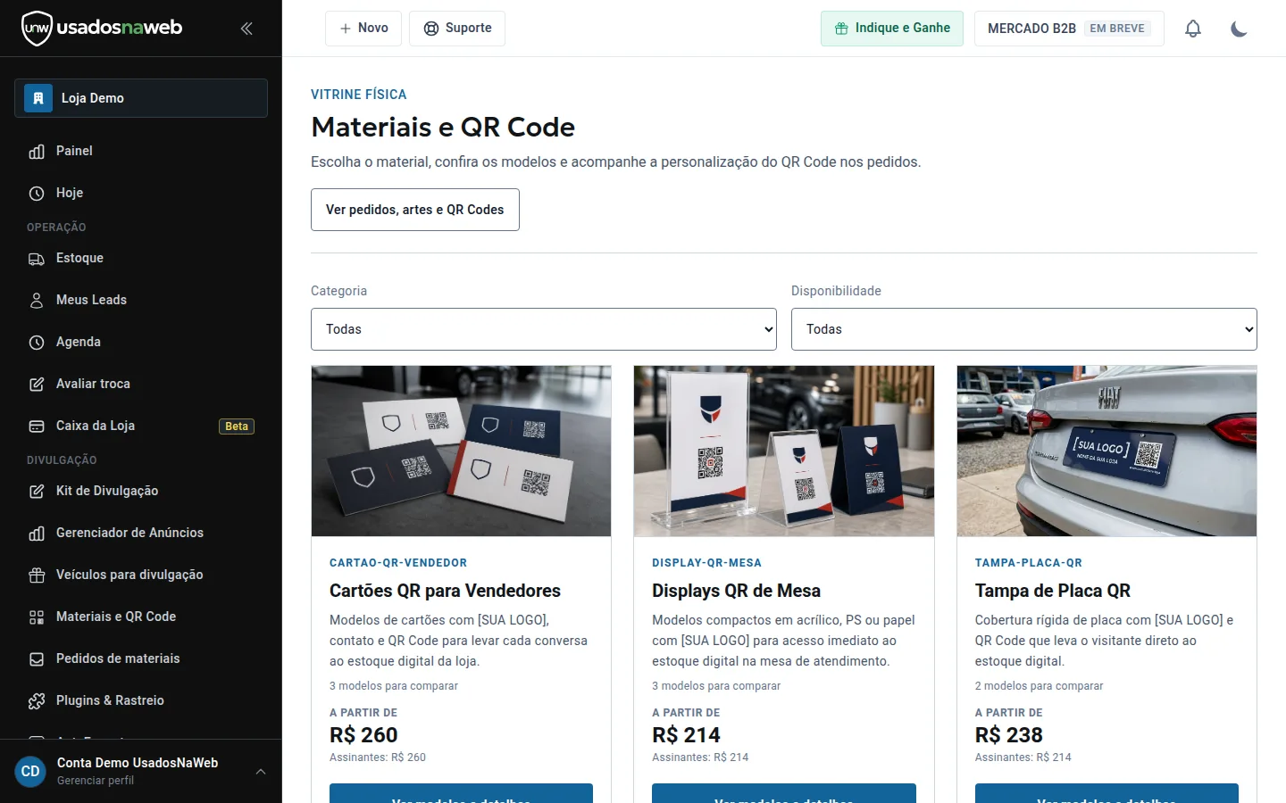 Materiais e QR Code: como pedir displays, cartões e tampa de placa