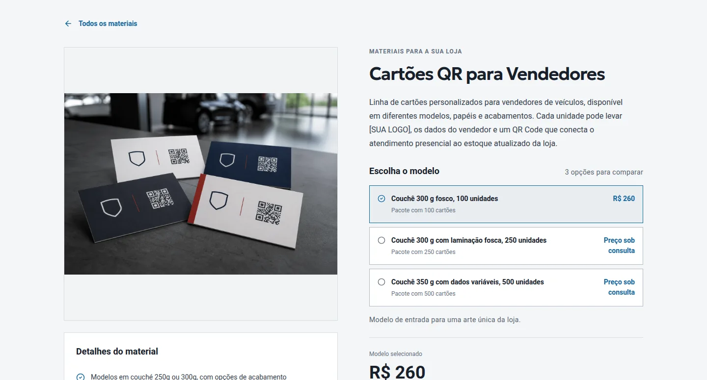 Detalhe dos Cartões QR para Vendedores com três modelos em couché, pacotes de 100, 250 e 500 unidades e preço do modelo selecionado