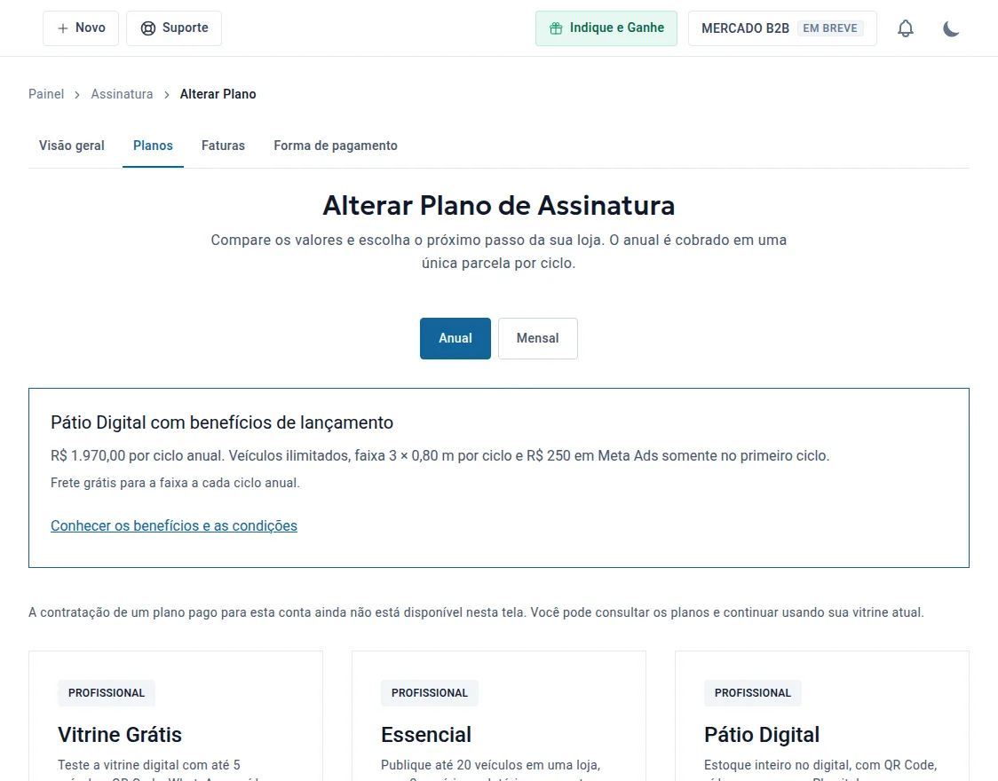 Tela Alterar Plano de Assinatura com comparação de planos nos ciclos anual e mensal
