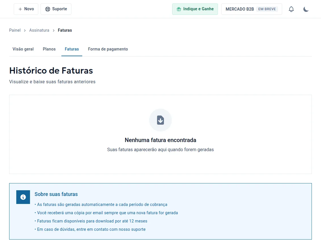 Histórico de faturas da assinatura com área de download e regras das faturas