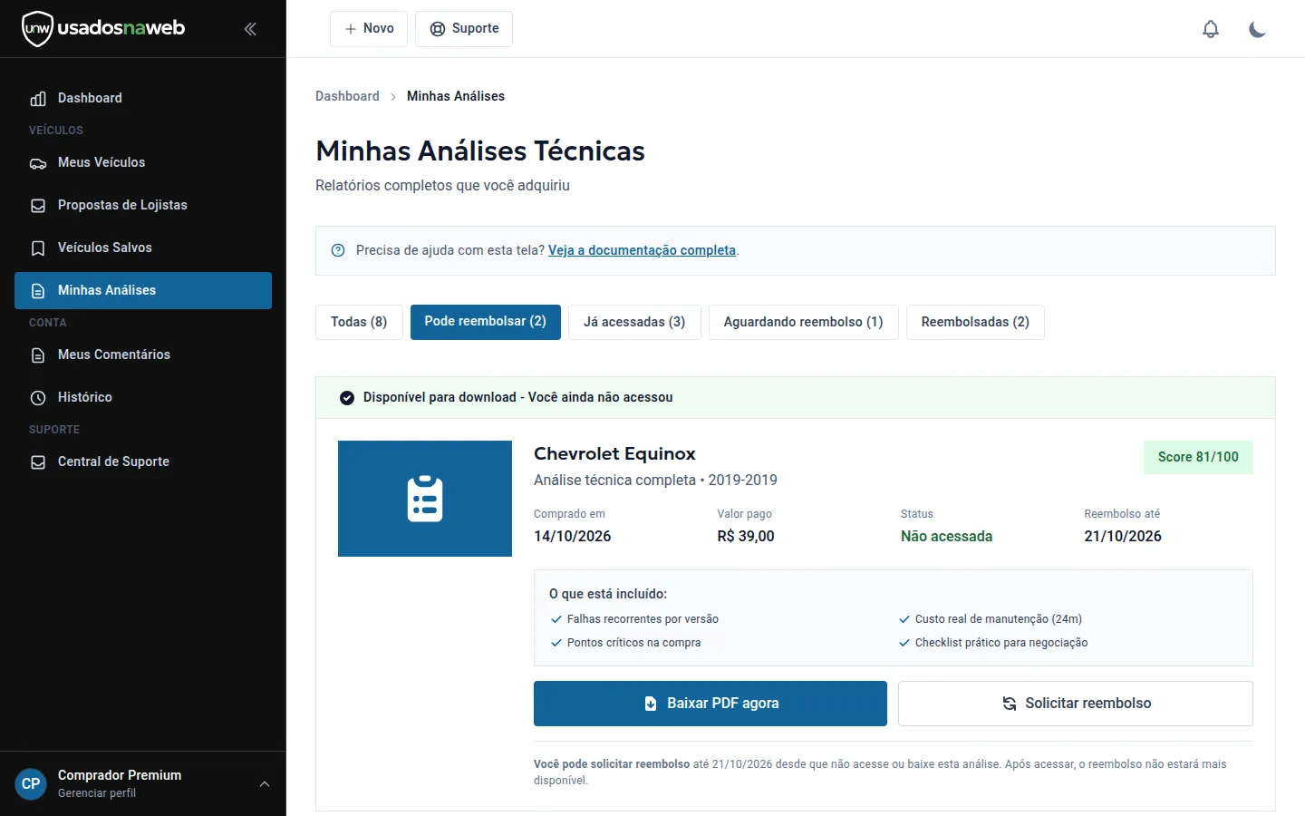 Lista de análises filtrada pela aba Pode reembolsar com prazo de reembolso visível em cada relatório
