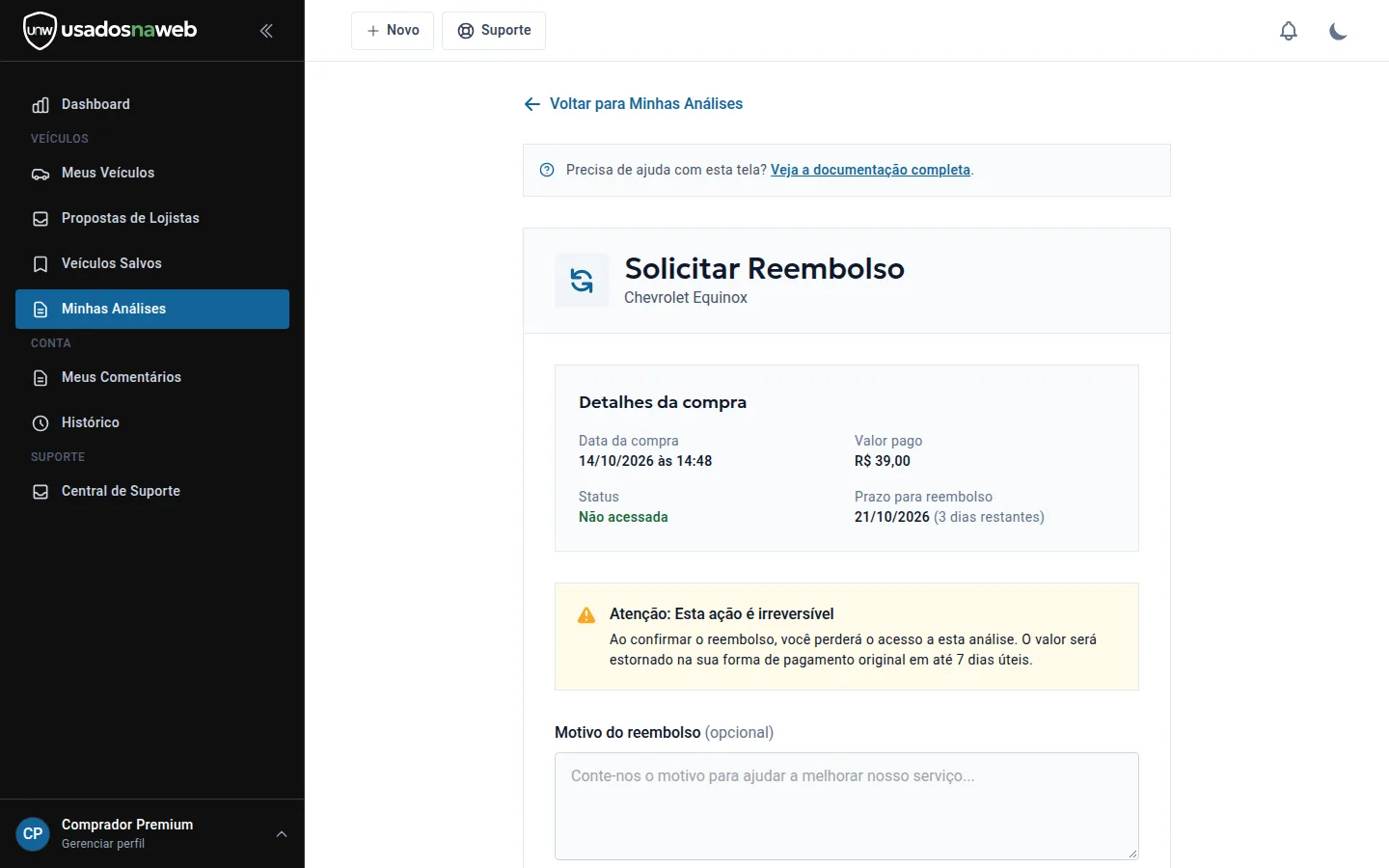 Página Solicitar Reembolso com detalhes da compra, valor pago, status e prazo restante
