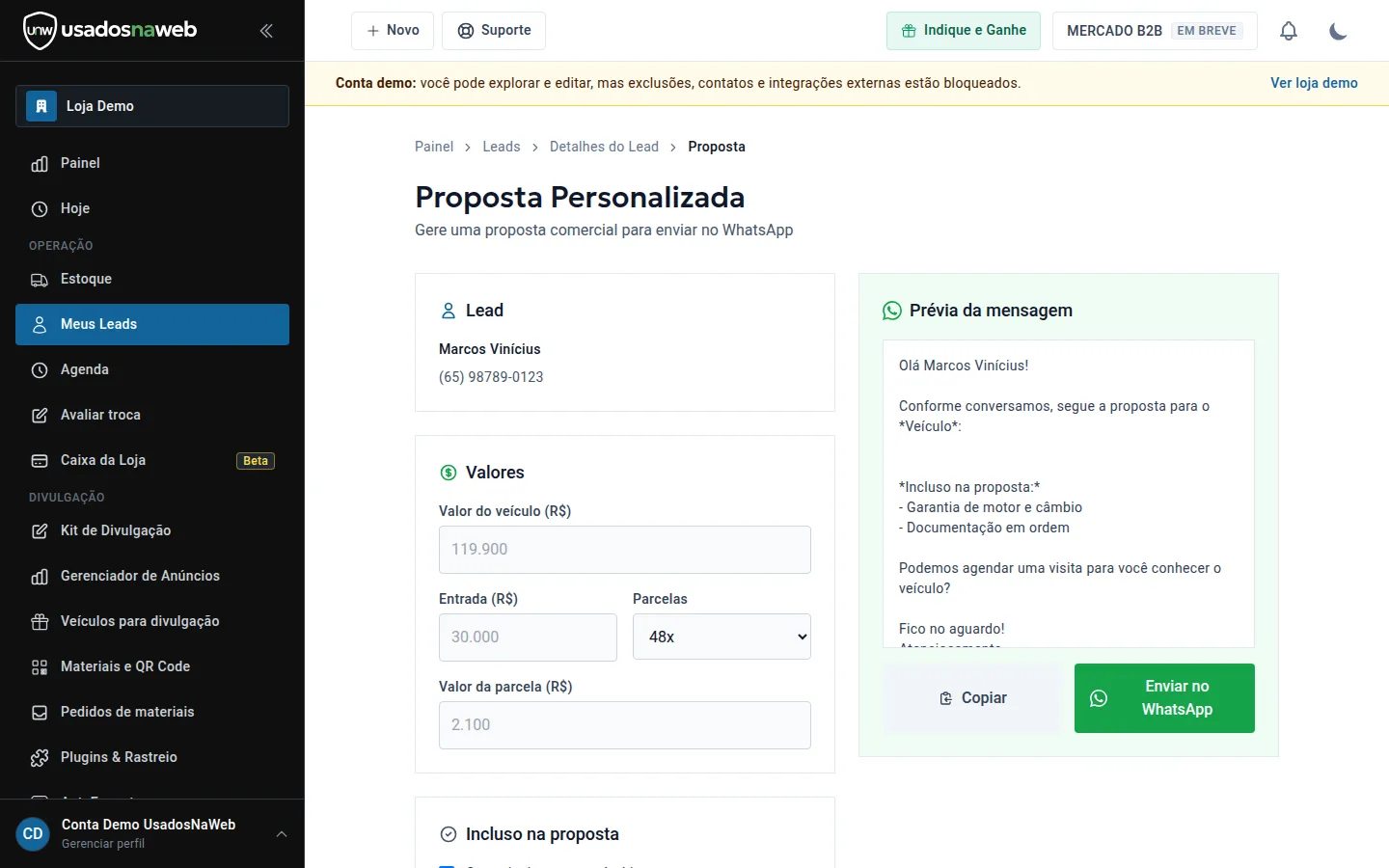 Montagem da proposta personalizada com valores e prévia da mensagem