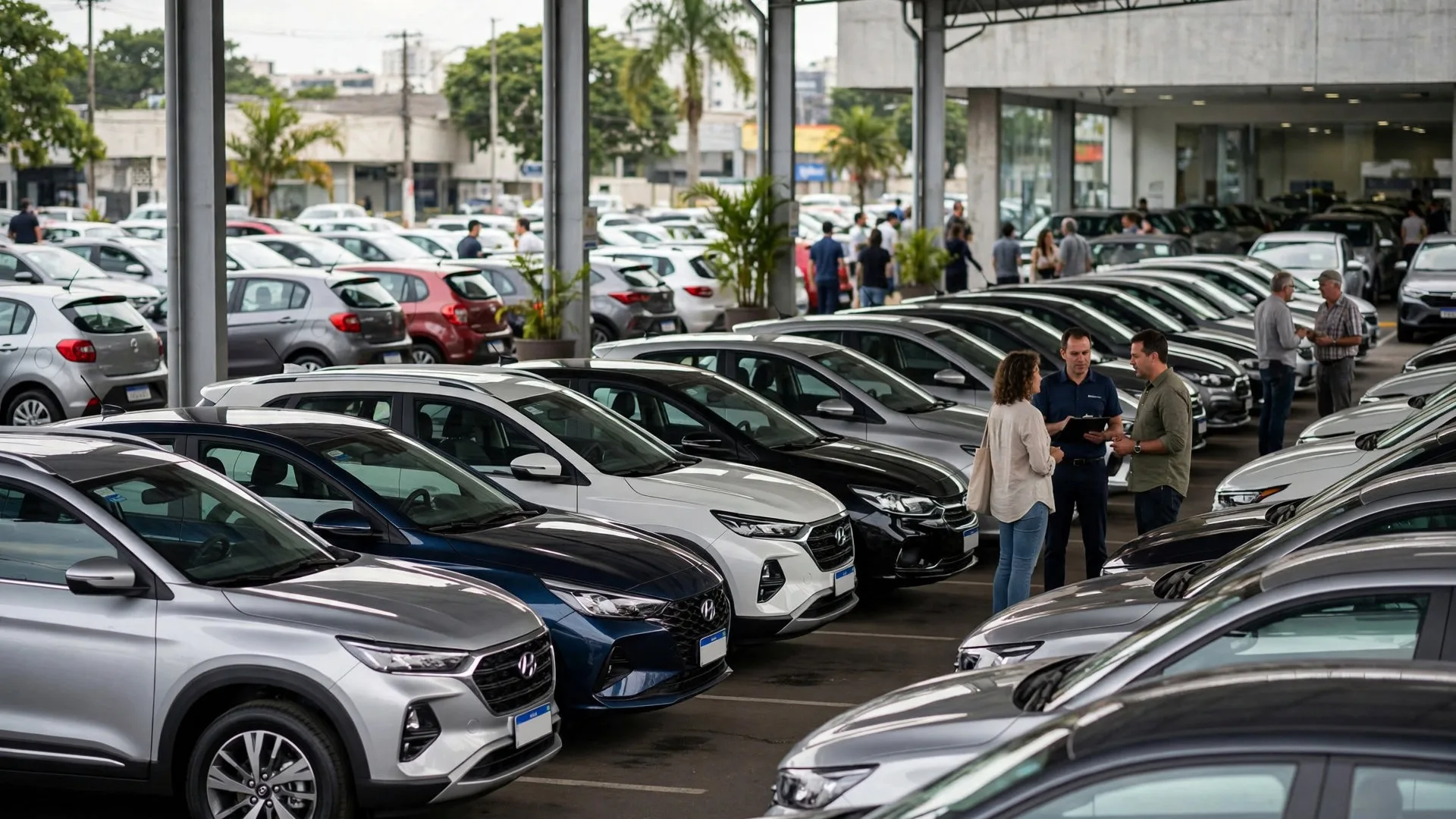 Concessionária movimentada com fileiras de carros novos e usados em exposição