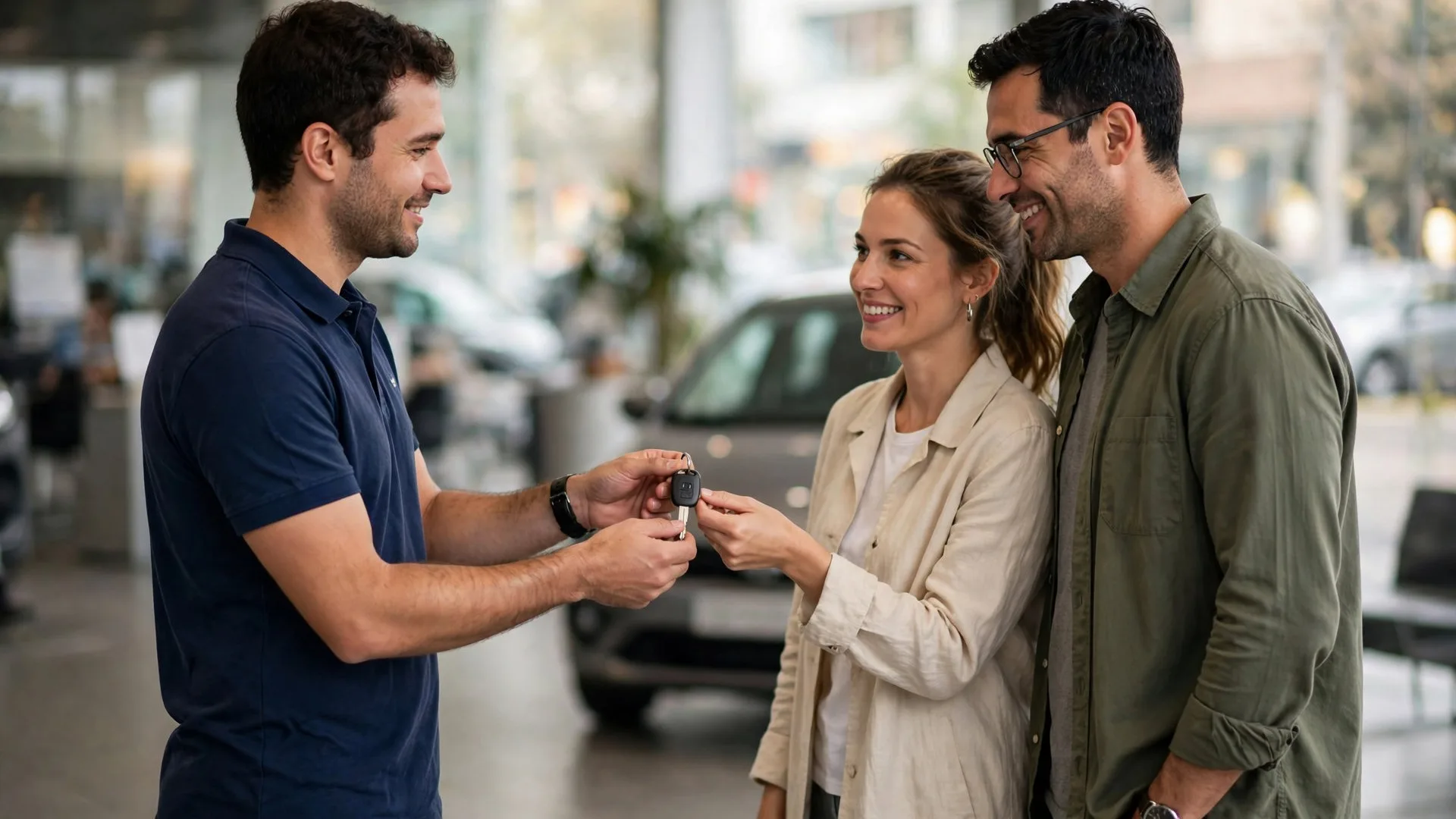 Vendedor entregando a chave do carro para o comprador após a negociação
