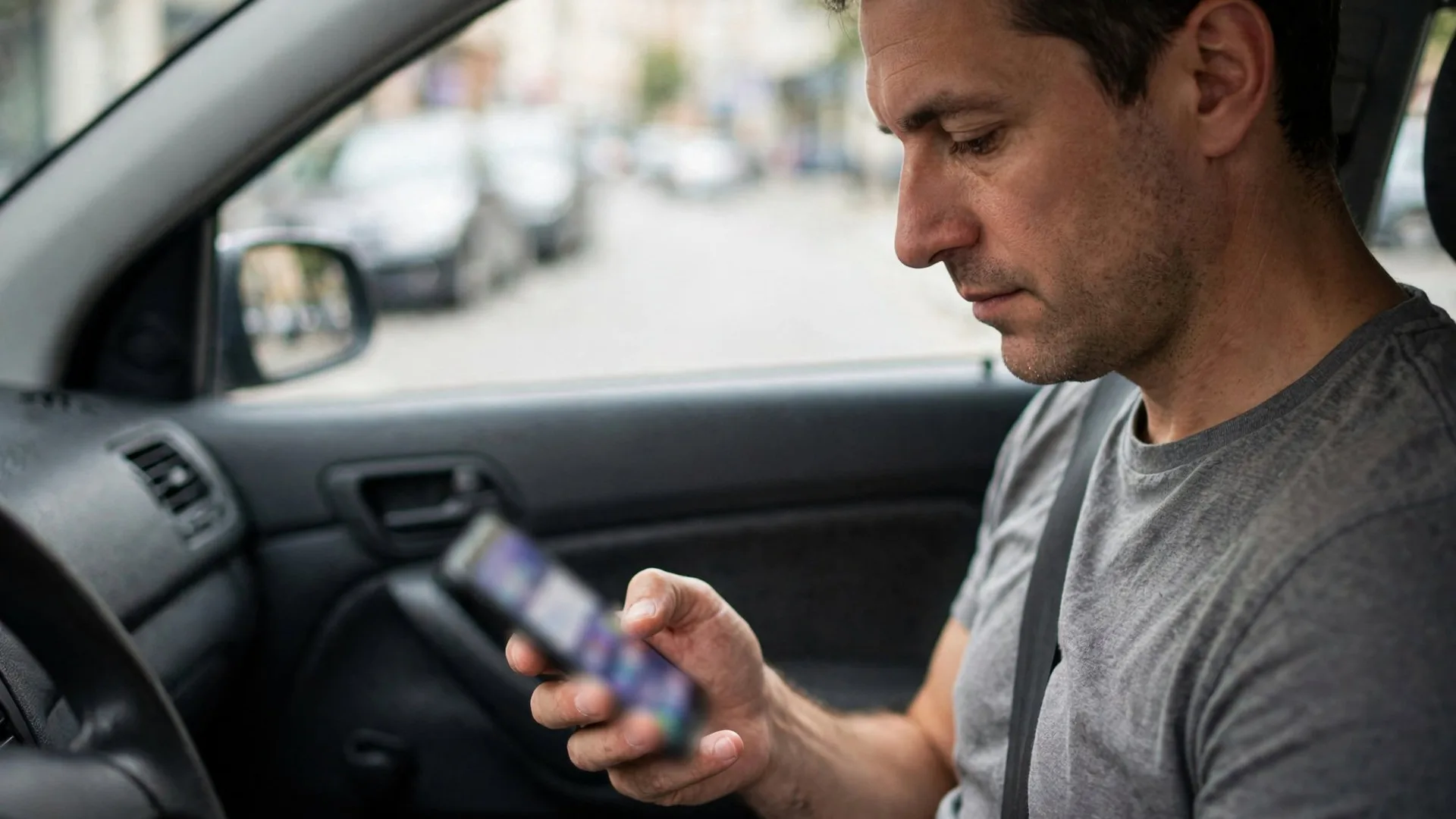 Motorista conferindo conta no celular dentro do carro