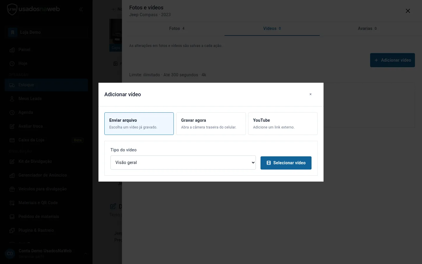 Opções para adicionar vídeo ao veículo, com envio de arquivo e gravação