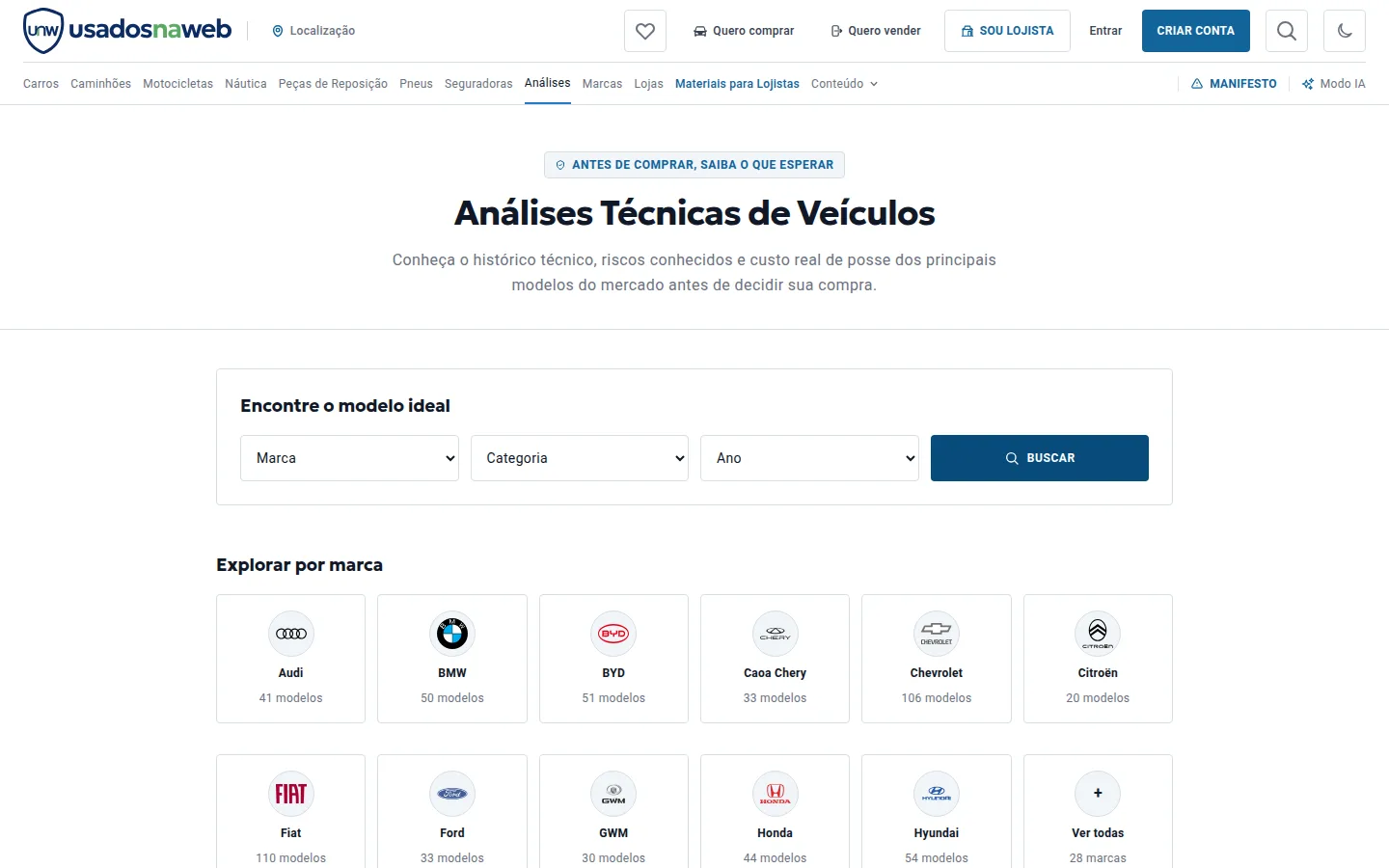 Tela de análises técnicas com informações do modelo para cruzar com o estado do usado